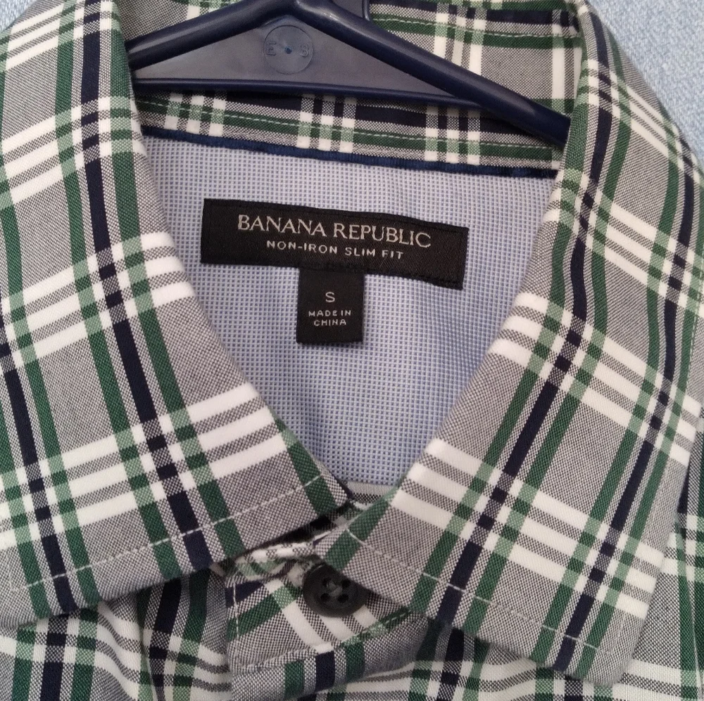 Banana Republic Non-Iron Slim Fit‎ Plaid Button Down Shirt Green Gray White Sz S
